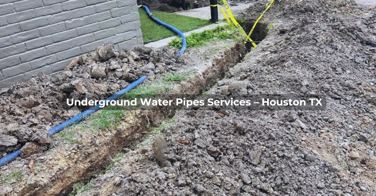 Trench with exposed underground water lines during pipe replacement in Houston
